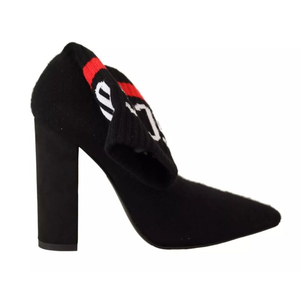 GCDS Black Suede Logo Socks Block Heel Ankle Boots Women's Shoes
